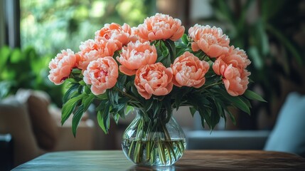 Canvas Print - Bouquet of coral charm peonies sitting on a table indoors