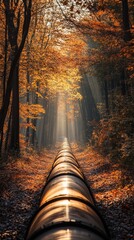 Wall Mural - Pipeline crossing a forest illuminated by golden light in autumn