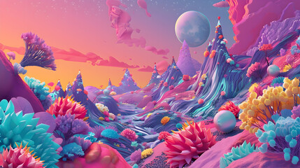 Wall Mural - Abstract 3D Landscape with Pink and Blue Mountains and Flowers