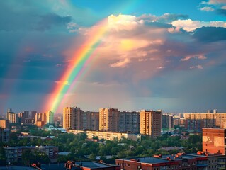 A vibrant rainbow arches over urban buildings after a summer rain in a city landscape during late afternoon