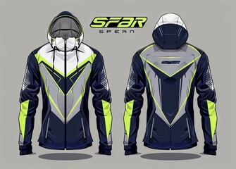 vector illustration of two front and back view sports jacket designs with hood, in the colors grey, navy 