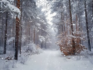 Wall Mural - Snowfall in a serene forest pathway during winter afternoon, showcasing tall trees and a peaceful, snow-covered landscape