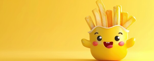 Wall Mural - Cheerful cartoon character of French fries with a smiling face on a yellow background. Free copy space for text.