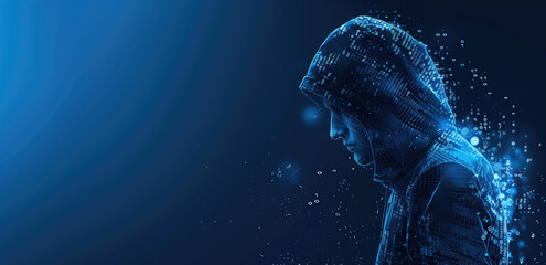 Mysterious figure in a digital hoodie with binary code effects against a dark blue background. Concepts of cybersecurity, hacking, and digital anonymity.