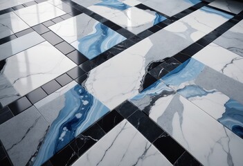 Wall Mural - Beautiful abstract color white and blue marble on black background