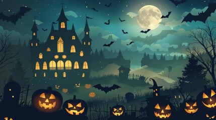 Wall Mural - a halloween background featuring a spooky night scene with a haunted house, glowing jack-o'-lanterns