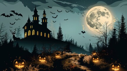 Wall Mural - a spooky halloween background showcasing a haunted house on a hill, silhouetted against a full moon,
