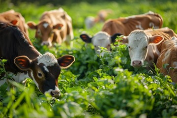 Four adorable calves grazing on a lush green meadow with a serene hill backdrop