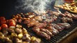 © Thanedpol - A detailed close-up of a barbecue grill filled with a variety of meats, the smoke rising and the charcoal glowing, creating a mouth-watering scene of summer cooking