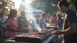 © Thanedpol - A bustling community barbecue event with people grilling meat, chatting, and enjoying the food, children playing nearby, and an overall atmosphere of summer fun and togetherness