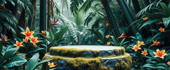 Poster - Tropical Jungle Stone Platform with Lush Greenery and Flowers