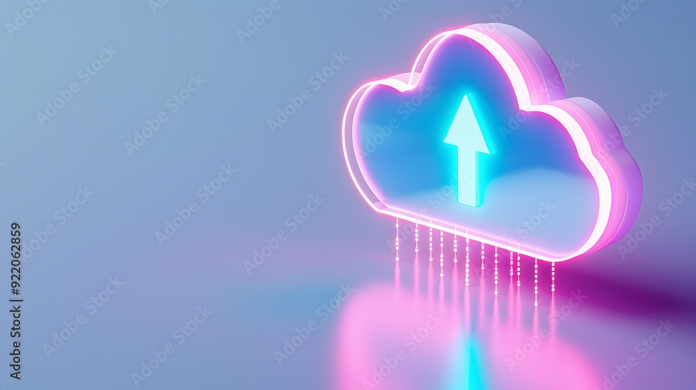 Neon cloud with an arrow symbolizing data upload and cloud computing ...