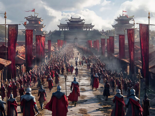 Canvas Print - A large group of people are walking down a long street in a foreign land. The people are dressed in red and are carrying flags. The flags are of different sizes and colors