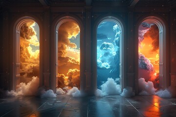 Wall Mural - Four arched windows with clouds in them, each with a different color