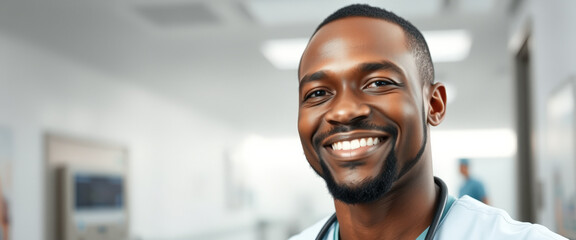 Portrait of a smiling African American doctor in a hospital corridor