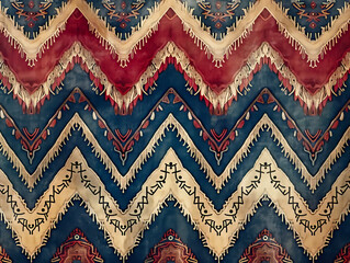 Wall Mural - A colorful patterned rug with a zigzag design. The rug is made of different colored materials and has a vintage look