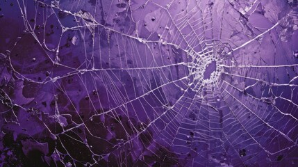 A close-up image of a spider web on a purple background, symbolizing fragility, connection, nature, and mystery.