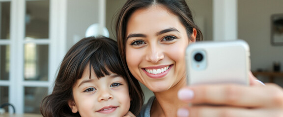 Canvas Print - Happy mother and daughter taking a selfie together