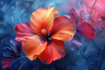 Wall Mural - A painting of a flower with a blue background