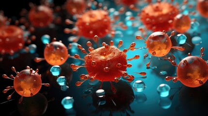 Sticker - Conceptual depiction of immune cells releasing cytokines and antibodies to combat viral infections, showcasing immune defense mechanisms. Immunology concept  