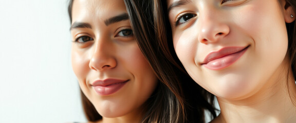 Wall Mural - Close up portrait of two young women smiling at each other