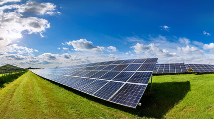 A wide view of a large solar farm with rows of solar panels stretching across a green field, under a bright blue sky with fluffy white clouds, showing a sustainable energy solution