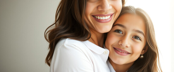 Wall Mural - Close-up portrait of a mother and daughter smiling and hugging, soft lighting