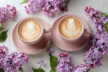 Wall Mural - Two cups of coffee with a heart design on the side sit on a pink plate with purp