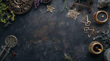 A dark, moody background featuring candles, herbs, and mystical symbols, suggesting a scene of magic and ritual.