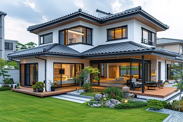 Wall Mural - A large house with a lot of windows and a black roof