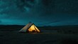 © sarun - A tent in a vast open field under a starry sky, with the glow from inside creating a warm, inviting ambiance.