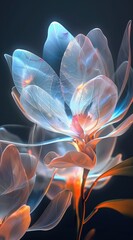 Wall Mural - A beautiful transparent flower with petals made of light blue and pink glass, illuminated by soft orange lighting against the dark background.