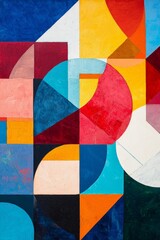 A geometric abstract painting with intersecting shapes in primary colors