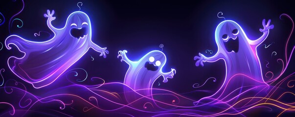 Wall Mural - Neon cartoon Halloween ghosts flying and dancing in a vibrant atmosphere.