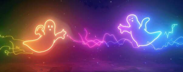 Wall Mural - Neon cartoon Halloween ghosts flying and dancing in a vibrant atmosphere.