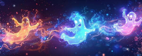 Wall Mural - Neon cartoon Halloween ghosts flying and dancing in a vibrant atmosphere.