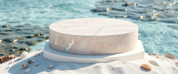 Poster - Marble Podium on Sandy Beach with Ocean Background