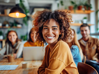 A woman with curly hair is smiling at the camera in a group photo. The photo is taken in a room with a table and chairs, and there are several potted plants in the background