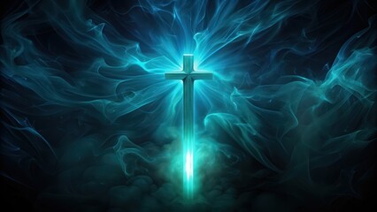 Poster - Glowing Cross Emitting Light Through Blue Smoke