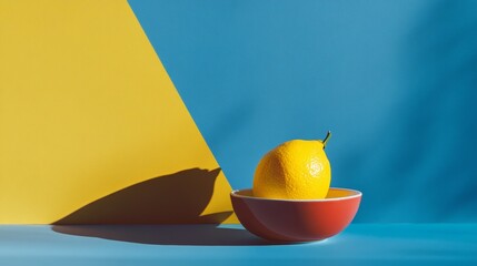 A bowl of fruit with a lemon in it sits on a blue background