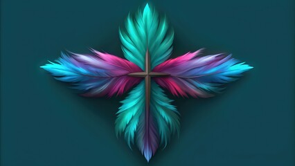 Canvas Print - Cross Formed by Vibrant Blue, Pink, and Purple Feathers