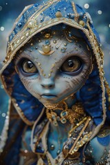 Close up of an alien girl in an ornate blue and gold costume, with big eyes, in a fantasy world setting, with a night sky background