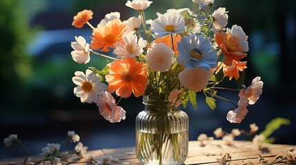 A vibrant bouquet of wildflowers in a glass vase against a softly blurred green natural background.