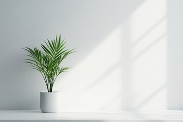 A minimalist workspace with a single, vibrant green plant against a white wall. 