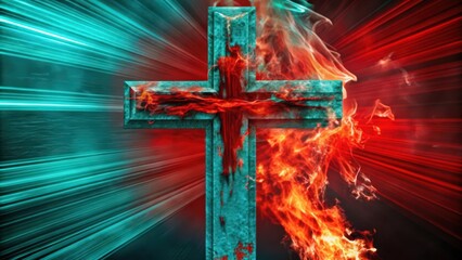 Poster - A Turquoise Cross Engulfed in Flames Against a Red and Blue Background