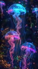 Poster - glowing jellyfish, glowing mushrooms in the background, fantasy style, glowing colors