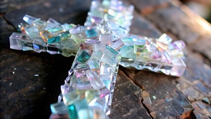 Poster - Iridescent Glass Mosaic Cross on Rough Wood