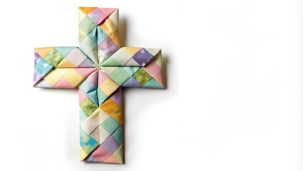 Poster - Multicolored Fabric Origami Cross on White Background