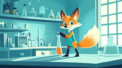 Sticker - A cartoon fox standing in a lab with bottles and chemicals, AI