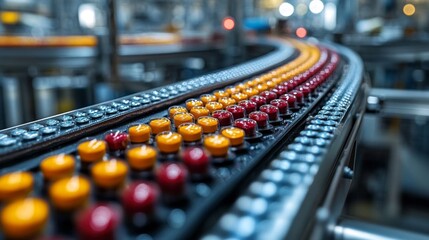 A conveyor belt with red and orange pills on it